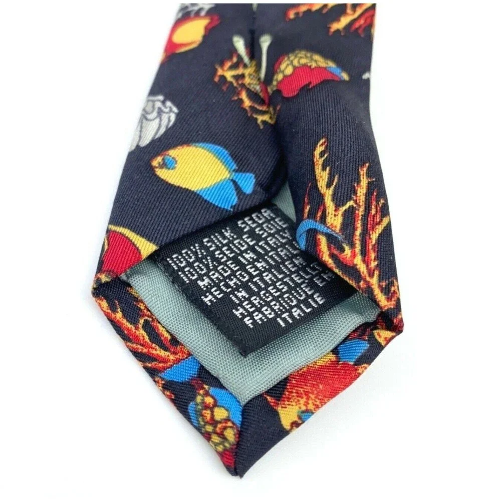 BEAUFORT Tie Rack Black Multicolor Fish Animal 100% Silk Necktie Made in Italy